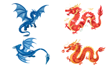 Set of abstract red fire dragon vector illustrations featuring traditional China zodiac symbols and tribal tattoo art patterns for mythology and fantasy culture design