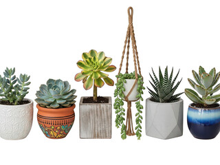 Six assorted succulent plants in decorative pots isolated on transparent background