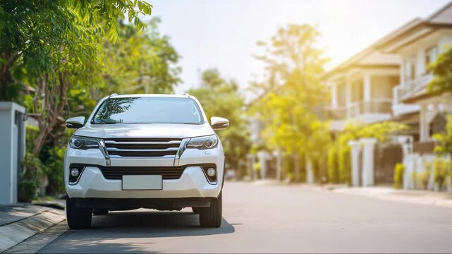 White SUV parked quiet suburban morning light