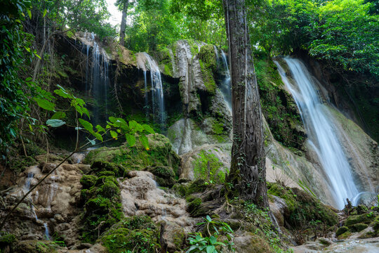 Beautiful small waterfall cascading down mossy limestone rocks in a lush tropical forest. Tranquil nature scene with crystal clear water stream flowing through dense green jungle foliage.