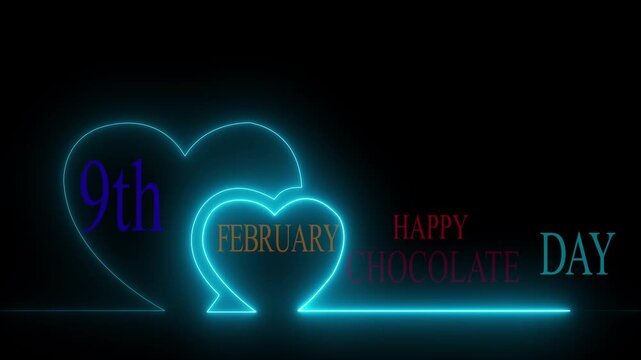 9th February Happy Chocolate Day 2026 neon sign animation with glowing heart icons on dark background for Valentine celebration concept.