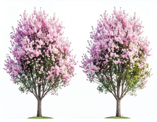 Obraz premium Two beautiful pink flowering trees isolated on a white background, showcasing vibrant spring blossoms and natural beauty.