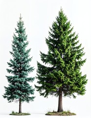 Obraz premium Two distinct evergreen trees, a slender blue spruce and a fuller green fir, standing tall against a clean white background.