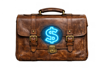 Financial briefcase with glowing blue dollar sign representing money, investment, business success, and wealth management, transparent background