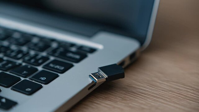 Hand holding USB flash drive near laptop keyboard on wooden desk
