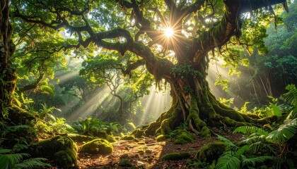 Sunlight through dense tropical rainforest canopy with lush greenery and misty atmosphere