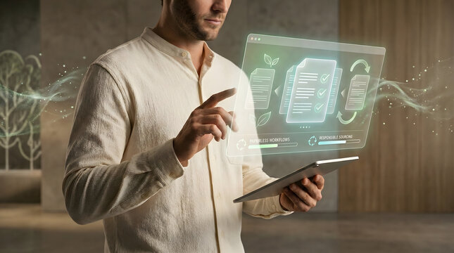 Man using tablet to manage paperless workflows and responsible sourcing on glowing digital interface - Powered by Adobe