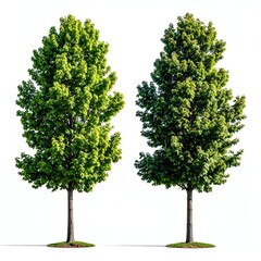 Fototapeta premium Two vibrant green trees with lush foliage, standing tall and isolated against a clean white background, showcasing their natural beauty and distinct forms.