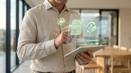 Businessman tracking paperless workflow progress on high-tech virtual screen with recycling icons