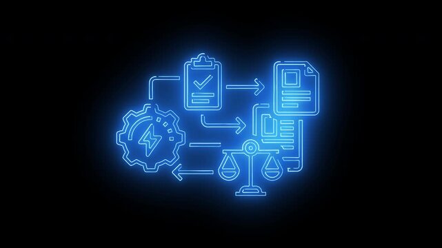 Neon blue flowchart diagram with glowing icons on a black background with white space.