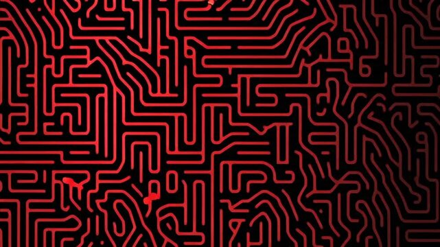 Complex electronic circuit board with red glowing lines on black background
