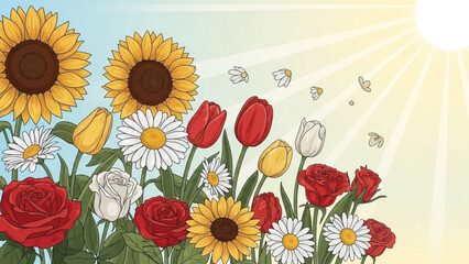 Vibrant garden of blooming flowers including sunflowers roses tulips and daisies under bright sunshine symbolizing spring and summer growth