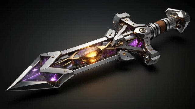  &ldquo;Mechanical titanium sword blade, silver mech-teeth, dark gold glowing core, 