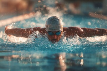 Swimmer performs butterfly stroke in outdoor pool during late afternoon on sunny day