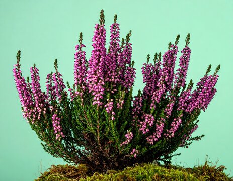 Vibrant Purple Heather Blooms in a Lush Green Garden Setting.