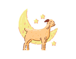 Fototapeta premium Illustration of a cute and adorable goat with a crescent moon. Sacrificial animal. Design element for Eid al-Adha and Qurban celebrations. Object, symbol, decoration, ornament, sticker, clip art. Flat