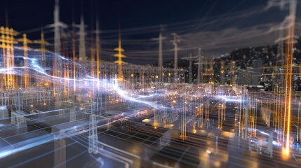 Abstract visualization of electrical grid technology showcasing energy flow and power distribution dynamics at night