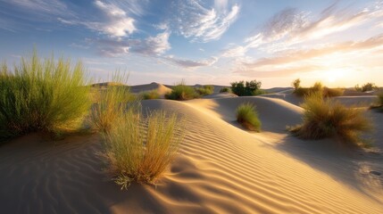 Fototapeta premium Serene Desert Landscape at Sunset with Soft Sand Dunes and Lush Green Grass Under Dramatic Sky
