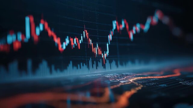 Stock market investment graph shows upward trend with technical indicators and fluctuating values during trading hours in a digital finance environment