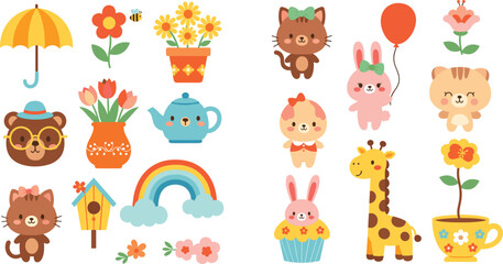 Cute cartoon animals and spring objects vector set with flowers rainbow teapot umbrella and nursery design elements © Sumon Creative