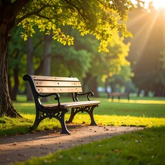 A sunlit park scene features an empty bench under a tree. A pathway leads to benches in the distance. Sunlight streams