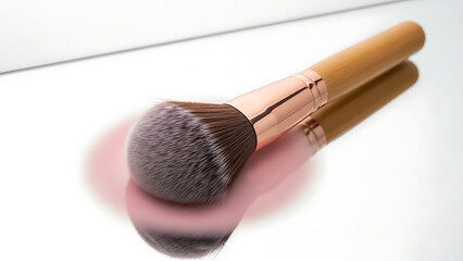 makeup brush with wooden handle and pink reflection transparent background