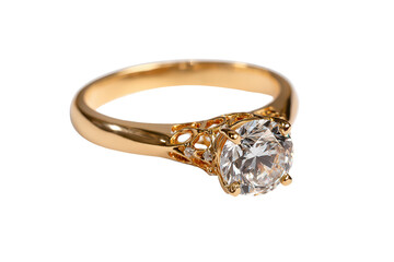 Close-up view of a gold ring with a large round diamond on a plain background