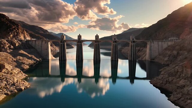 Massive concrete dam holding back a tranquil reservoir reflecting the sky
