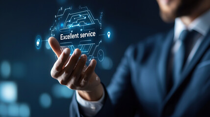 Hand holding digital interface displaying excellent service, showcasing technology and innovation in business