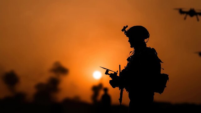 Silhouette of soldier operating military drones at sunset over a battlefield demonstrating modern warfare technology and strategy in action