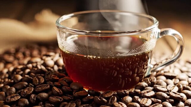 Glass cup of hot coffee beverage with steam on roasted coffee beans