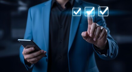 Businessman interacting with digital checklist on mobile device screen