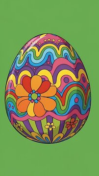 Vibrant Psychedelic Easter Egg With Swirls and Flowers on Green Background