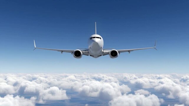 Boeing 737 MAX Commercial Airplane Flying Above Clouds Front View Facing Camera. Modern Passenger Jet Aircraft In Flight Against Blue Sky. High Altitude Aviation Journey Background.