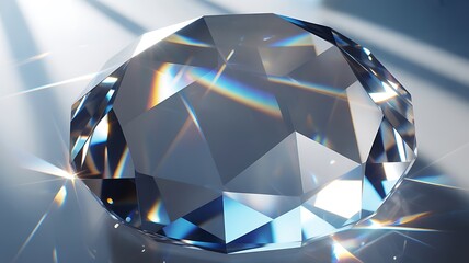Close up faceted clear diamond reflecting bright light with rainbow prisms and sparkle effects