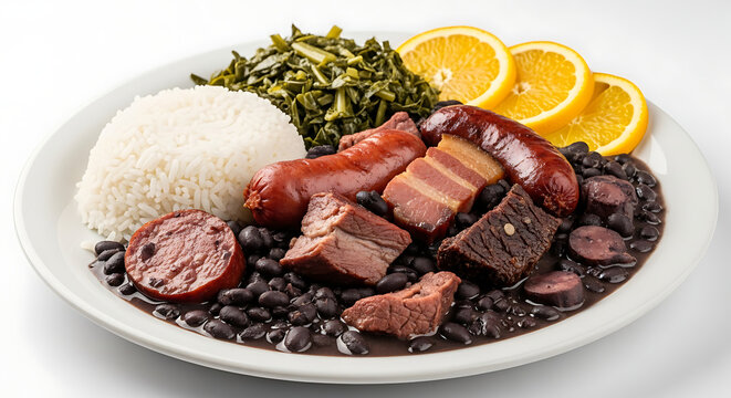 A traditional Brazilian feijoada meal on a white plate