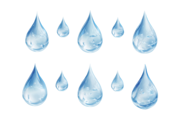 Water droplets in various sizes arranged in a pattern on a white background for design and presentation