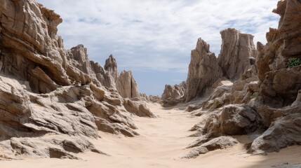 Breathtaking Rocky Landscape with Dramatic Cloudy Sky and Surrounding Sandy Pathway in a Remote Desert Environment