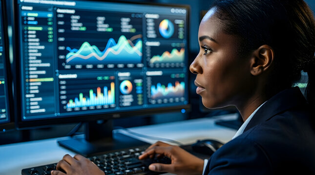 Intensely Focused Black Female Logistics Expert at Advanced Control Console Monitoring AI Data in High-Tech Operations Center for Future Supply Chain Management and Business Intelligence
