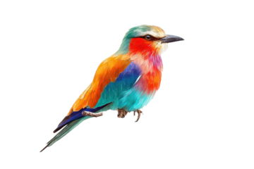 Colorful bird sitting on a branch with vibrant feathers showing bright orange, blue, green, and red colors during daylight