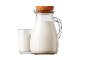Milk is poured into a glass from a clear glass jug with a wooden cork top on a plain background