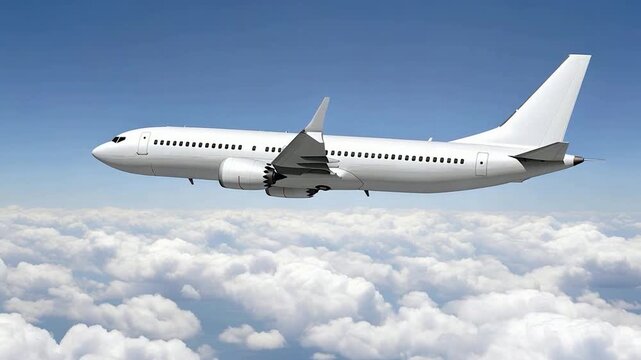 Commercial Boeing 737 MAX Passenger Jet Airplane Profile View, White Aircraft Flying Over White Clouds, Modern Aviation Background, Tourism and Travel Concept, Side View of Jetliner in Mid-Air.