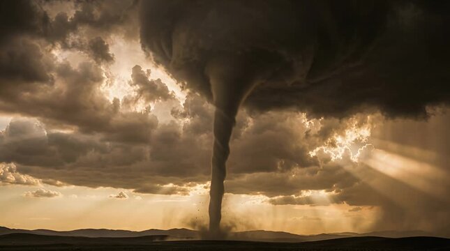 Dramatic Tornado Touchdown Amidst Golden Light And Ominous Clouds Over Vast Flatlands Landscape Meteorology Storm Chasing Weather Catastrophe
