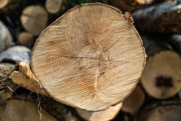 Fototapeta premium Close-up of tree rings on a cut log, highlighting the beauty of wood and the passage of time. Great for design, textures, and environmental themes in various projects.