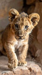 Obraz premium A lion cub with a focused gaze walking towards the camera