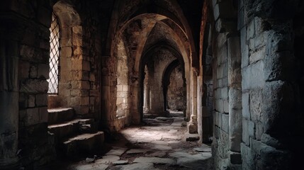Fototapeta premium Narrow stone corridor in an ancient building with arches and low light in a historic location