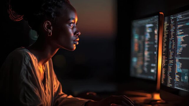 Focused black woman IT developer programming at her workstation with dual monitors during sunset, highlighting her concentration and expertise in technology and coding