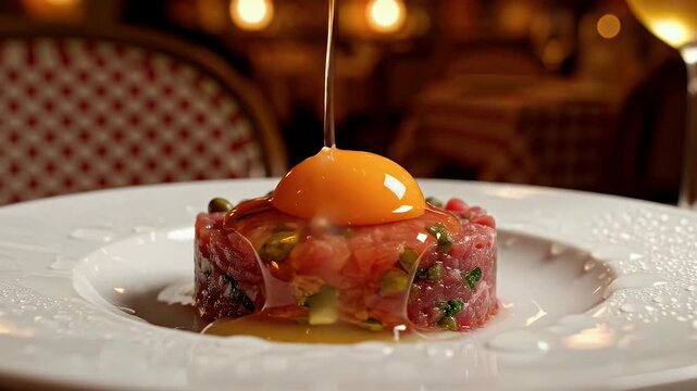 Steak tartare with egg yolk being drizzled on top
