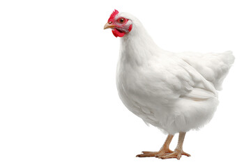 Fototapeta premium White chicken standing on a light background with focus on its features and posture, displaying its comb and wattles