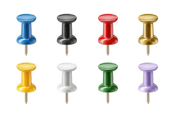 Multiple push pins in various colors arranged neatly on a white surface for office or craft use